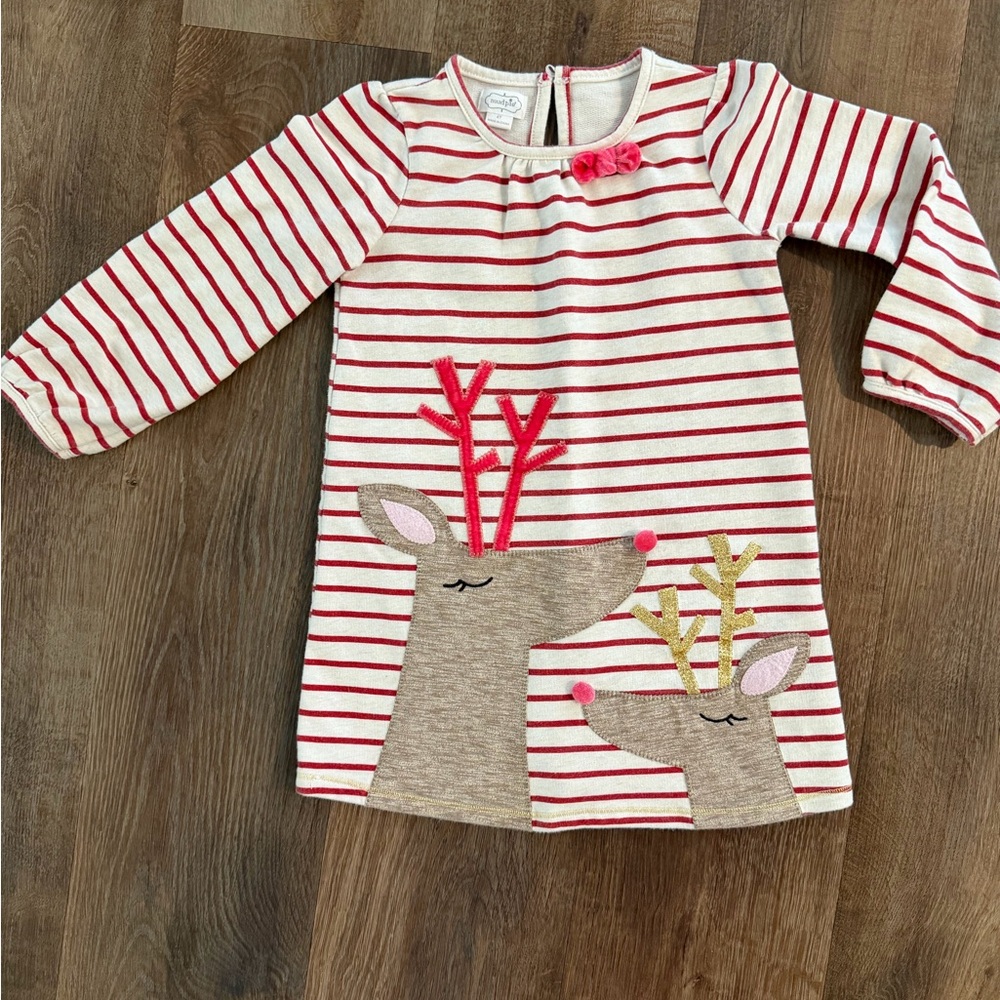 Mud Pie Cream & Red Striped Christmas Reindeer Dress